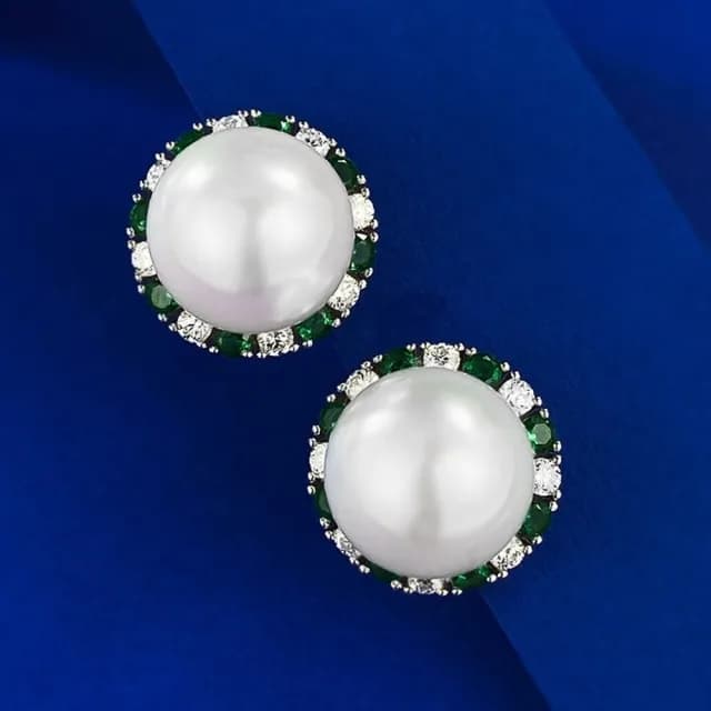 【米蘭精品】現貨+預購 珍珠耳環925純銀耳針(祖母綠鑽鑲12mm貝珠女飾品聖誕節交換禮物74gh11)