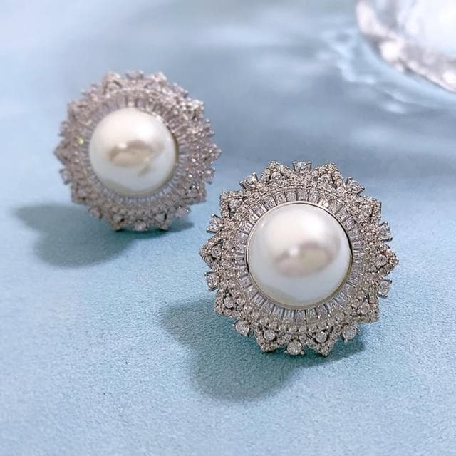 【米蘭精品】現貨+預購 珍珠耳環925純銀耳針(花形12mm貝珠鑲鑽女飾品聖誕節交換禮物74gh6)