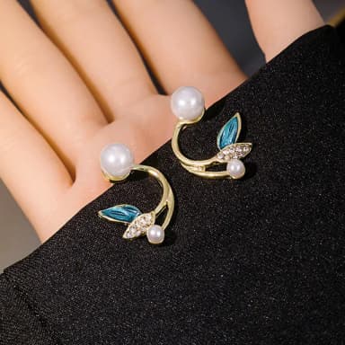 【Golicc】耳環 韓國 珍珠 閃鑽 樹葉(七夕 情人節 生日 飾品 耳釘 耳飾 耳墜 禮物)