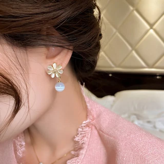 【Golicc】耳環 貓眼石 花朵(99購物限定 生日 飾品 耳釘 耳飾 耳墜 禮物)