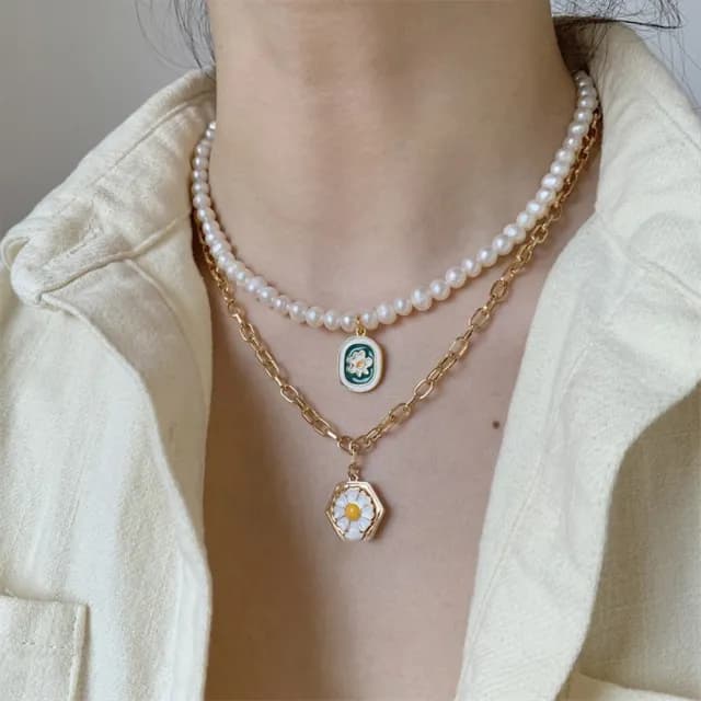 【LEEHER】雙11 小雛菊吊牌珍珠鏈/歐美項鍊/珍珠項鍊/小香項鍊/復古項鍊/巴羅克珍珠項鍊/短項鍊