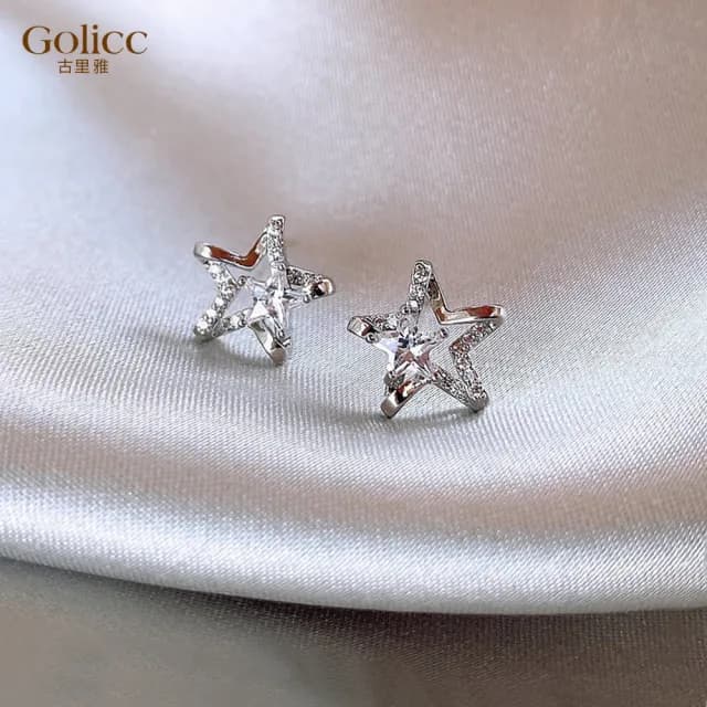 【Golicc】耳環 銀色 星星 鋯石(七夕 情人節 生日 飾品 耳釘 耳飾 耳墜 禮物)