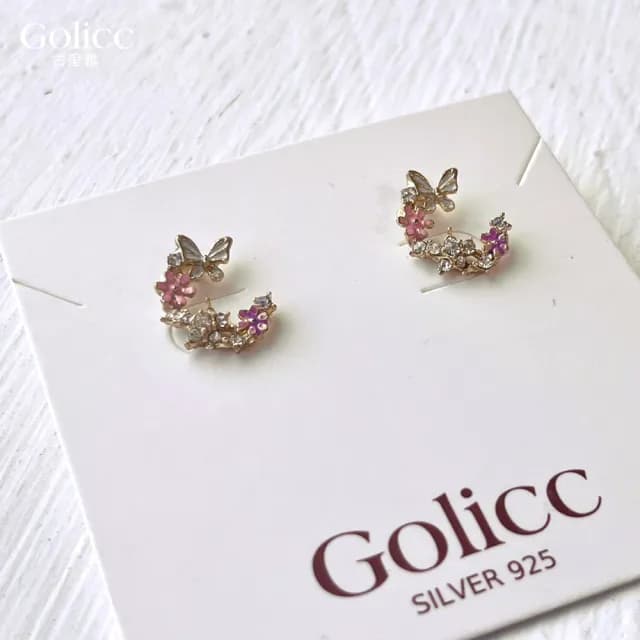 【Golicc】耳環 韓國 蝴蝶 鑲鑽 花朵(99購物限定 生日 飾品 耳釘 耳飾 耳墜 禮物)