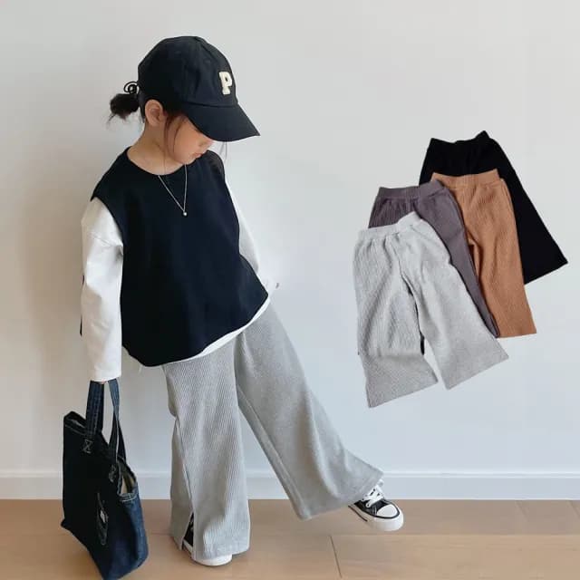 【橘魔法】羅紋坑條下擺小開岔寬褲（小孩賣場）(長褲 闊腿褲 親子裝 大童 女童 童裝 兒童)