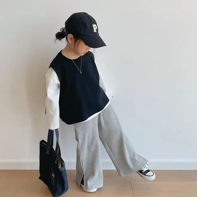 【橘魔法】羅紋坑條下擺小開岔寬褲（小孩賣場）(長褲 闊腿褲 親子裝 大童 女童 童裝 兒童)