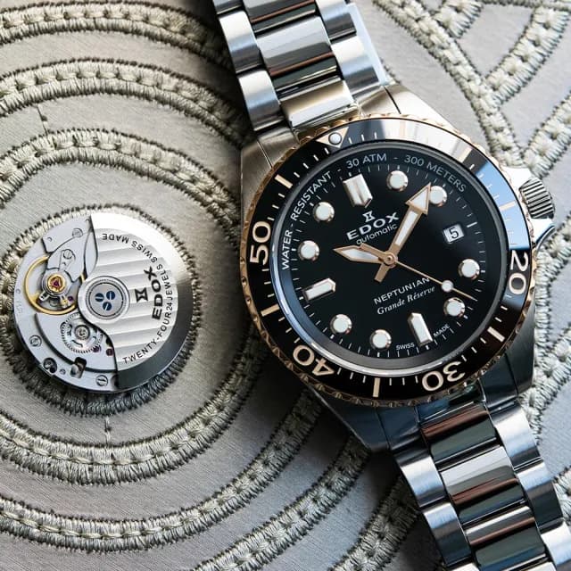 【EDOX 伊度】Neptunian 海神 68H超動能300米潛水機械錶-黑x玫瑰金/42mm 送禮 禮物 推薦(E80801.3NRM.NIR)