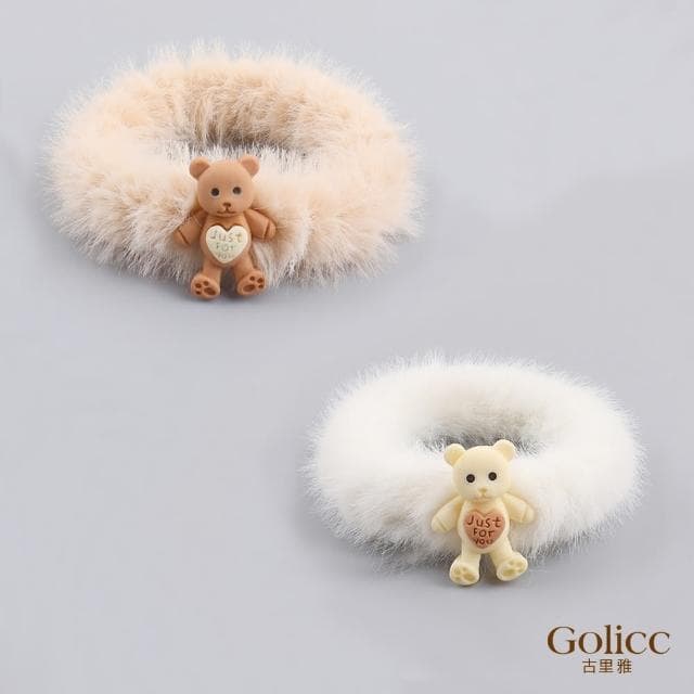 【Golicc】髮圈 奶茶色 毛絨 小熊 兩入(母親節 生日 情人節 髮飾 頭飾 大腸圈 髮夾 禮物)