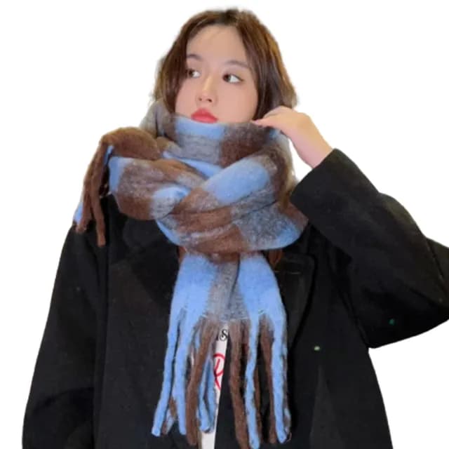 【Decoy】大格紋流蘇＊海馬毛絨加厚保暖圍巾