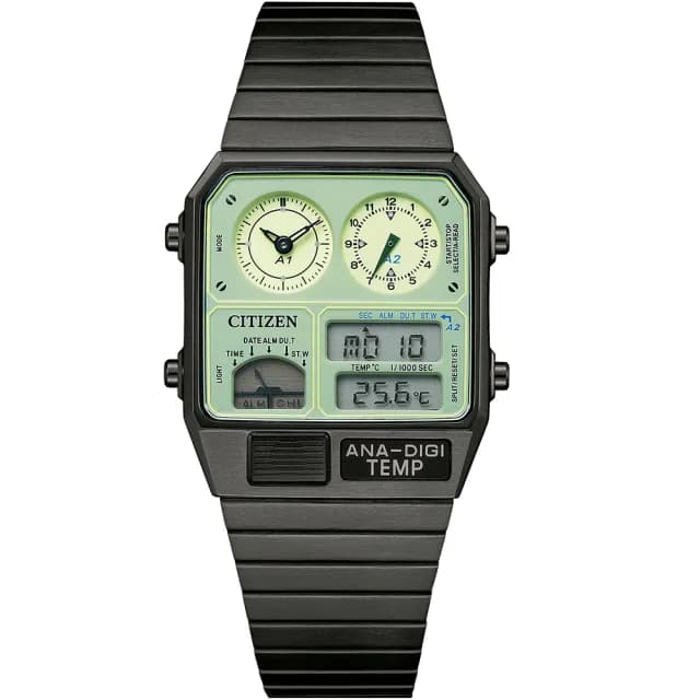 【CITIZEN 星辰】夜光型者80年代復古手錶 指針/數位/溫度顯示 七夕 情人節禮物(JG2147-85X)