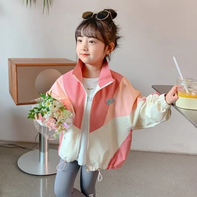 【橘魔法】粉拚色立領風衣拉鍊外套(長袖外套 薄外套 風衣 女童 兒童 中童 童裝)