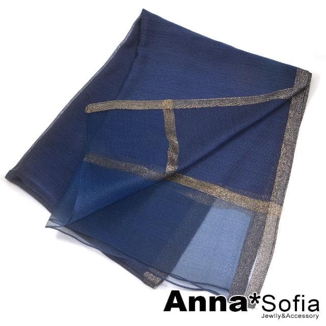 【AnnaSofia】真絲羊毛混紡大尺寸披肩絲巾圍巾-蔥點飾條透紗下擺 現貨(深邃藍系)
