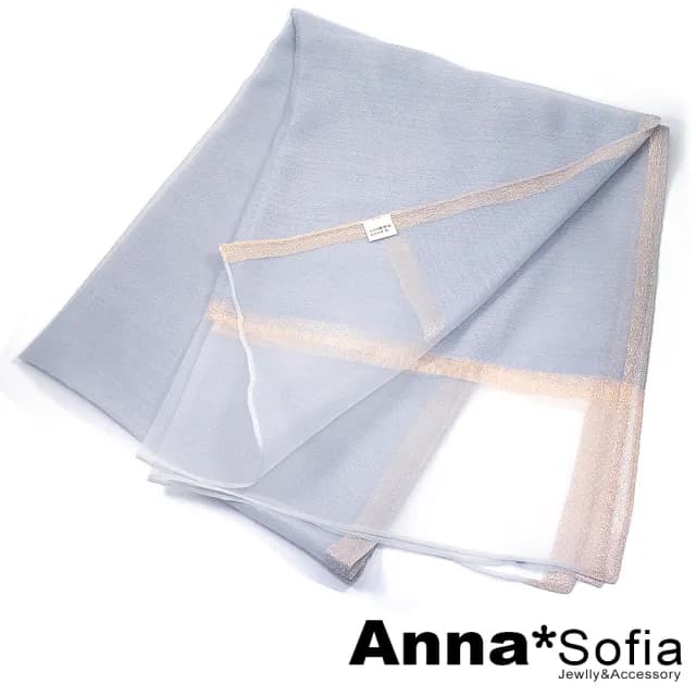 【AnnaSofia】真絲羊毛混紡大尺寸披肩絲巾圍巾-蔥點飾條透紗下擺 現貨(銀灰系)