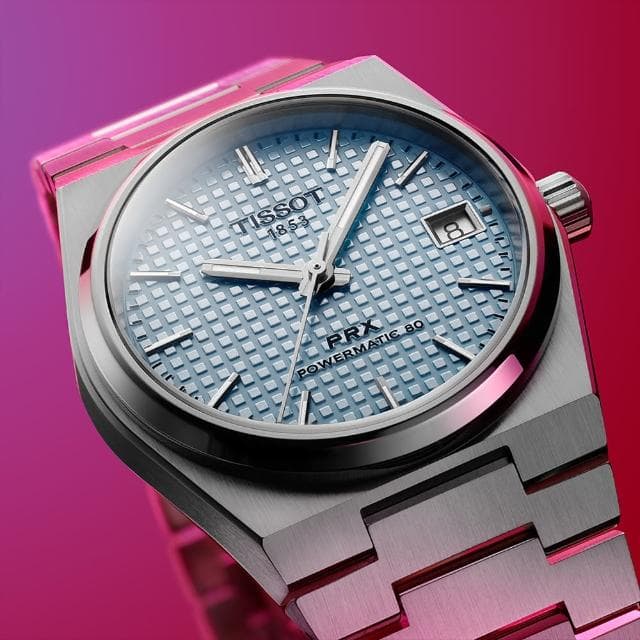 【TISSOT 天梭 官方授權】PRX系列 復古風酒桶型淑女機械錶-35mm/冰川藍 情人節 禮物(T1372071135100)