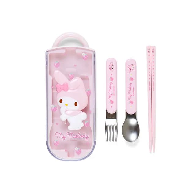 【SANRIO 三麗鷗】滑蓋式立體浮雕環保餐具組 餐具三件組 美樂蒂(餐具雜貨)