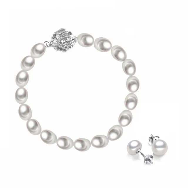 【City Diamond 引雅】天然珍珠 手鍊 耳環 套組(珠潤月詠系列)