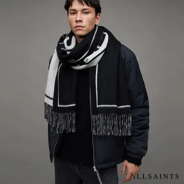 【ALLSAINTS】UNDERGROUND 羊毛圍巾Black/Chalk MU500Z