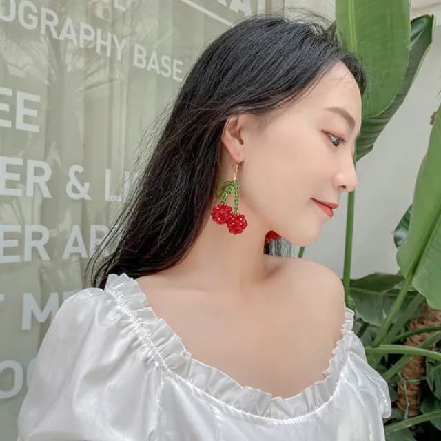 【MISA】韓國設計甜美水晶串珠可愛櫻桃造型耳環(水晶耳環 串珠耳環 櫻桃耳環)