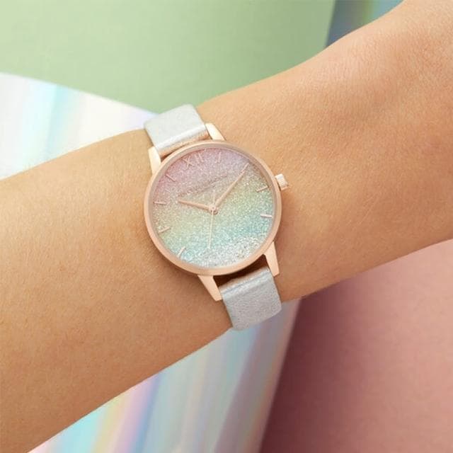 【Olivia Burton】Rainbow系列-滾珠彩虹閃耀漸層面玫瑰金殼珠光銀色真皮錶帶腕錶(OB16EX228)
