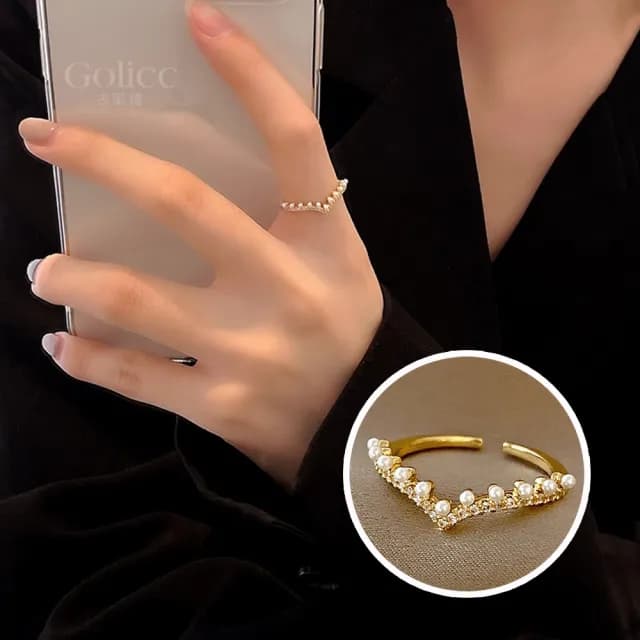 【Gulicc】戒指 日韓 V型 珍珠 鋯石 指環(雙11 聖誕節 生日 造型戒 食指戒 尾戒 禮物)