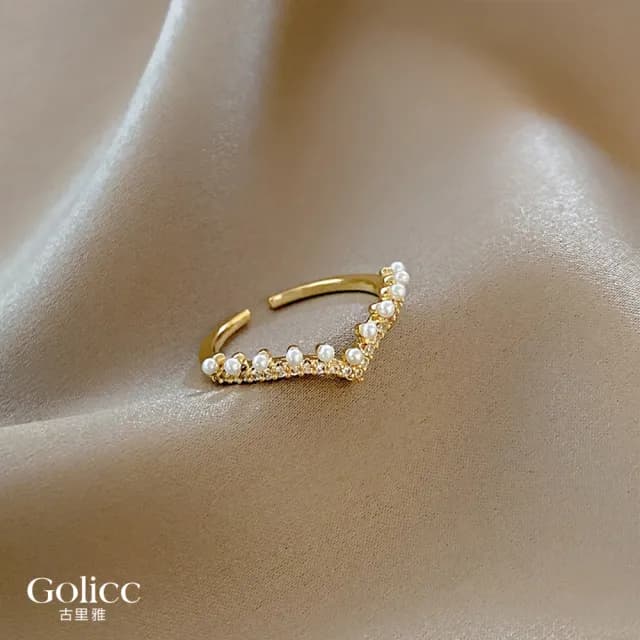 【Gulicc】戒指 日韓 V型 珍珠 鋯石 指環(雙11 聖誕節 生日 造型戒 食指戒 尾戒 禮物)