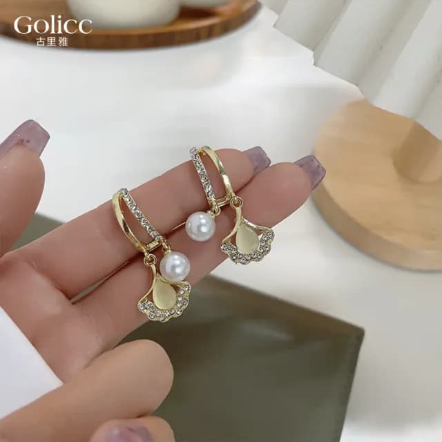 【Golicc】耳環 貓眼石 銀杏葉(99購物限定 生日 飾品 耳釘 耳飾 耳墜 禮物)