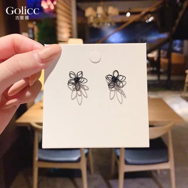【Golicc】耳環 日韓 雙層 黑色 花朵(七夕 情人節 生日 飾品 耳釘 耳飾 耳墜 禮物)