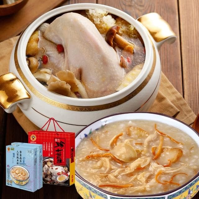 【禎祥食品】養生珍菇雞3500g/盒x1盒+黃金蟲草人蔘鮑魚粥350g/盒x2盒(嚴選正宗台灣土雞 肉質鮮甜滑嫩)