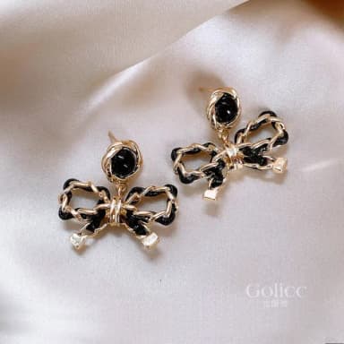【Golicc】耳環 法式 黑色 蝴蝶結(七夕 情人節 生日 飾品 耳釘 耳飾 耳墜 禮物)