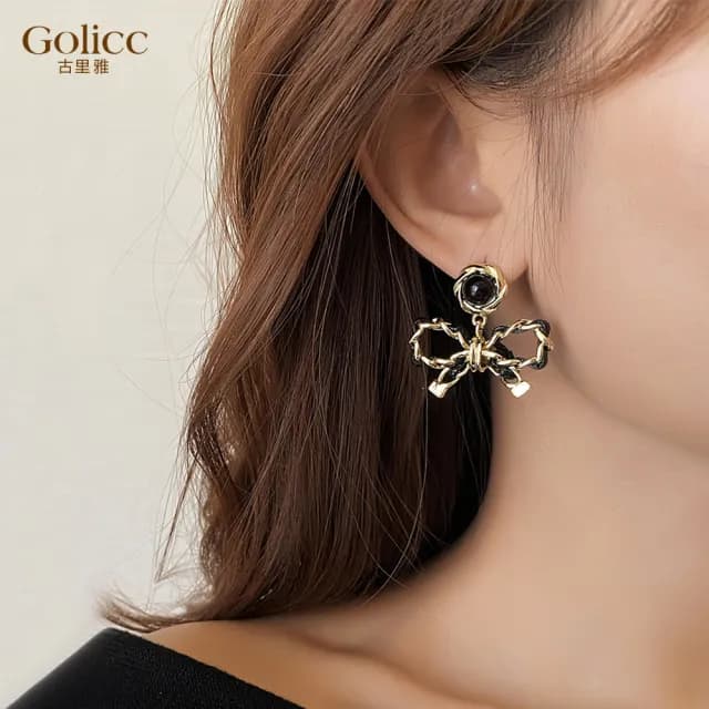【Golicc】耳環 法式 黑色 蝴蝶結(七夕 情人節 生日 飾品 耳釘 耳飾 耳墜 禮物)