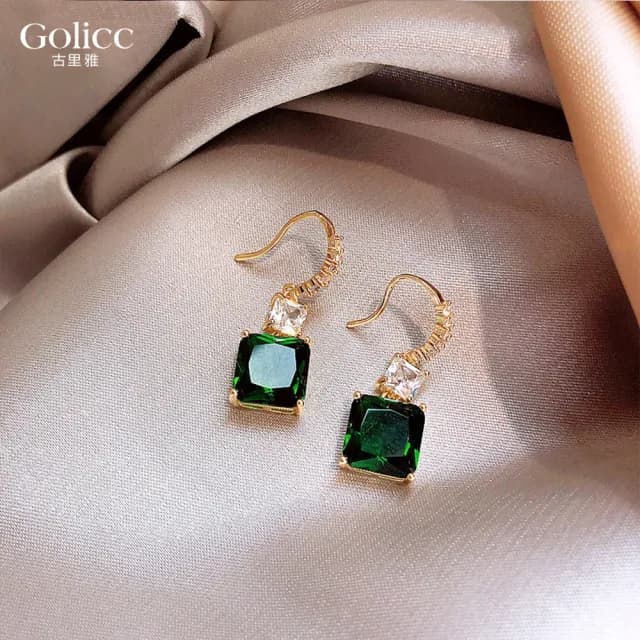 【Golicc】耳環 輕奢 祖母綠 方形(七夕 情人節 生日 飾品 耳釘 耳飾 耳墜 禮物)