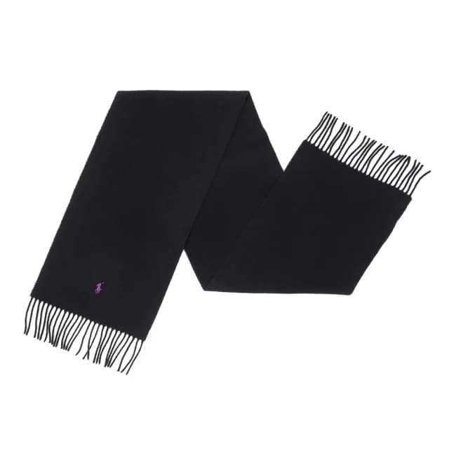 【RALPH LAUREN】RL POLO 經典刺繡小馬羊毛針織圍巾-黑色(義大利製/精選舒適/平輸品)