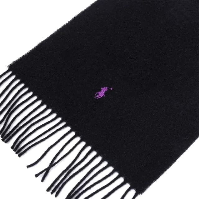 【RALPH LAUREN】RL POLO 經典刺繡小馬羊毛針織圍巾-黑色(義大利製/精選舒適/平輸品)