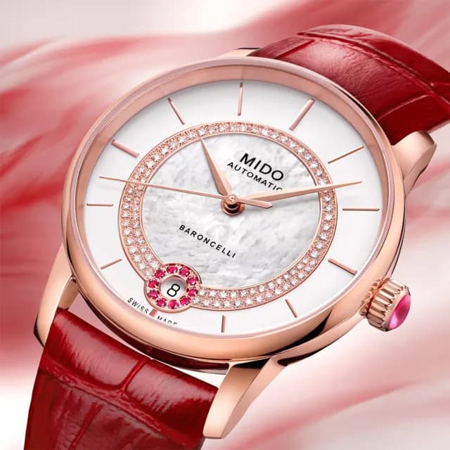 【MIDO 美度】官方授權 BARONCELLI 永恆真鑽紅寶石機械女錶-33mm 手錶 禮物 推薦(M0378073603101)
