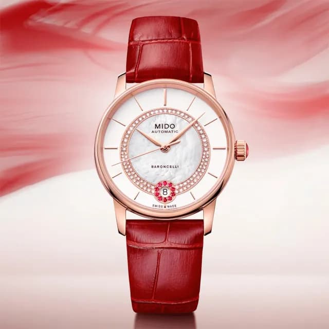 【MIDO 美度】官方授權 BARONCELLI 永恆真鑽紅寶石機械女錶-33mm 手錶 禮物 推薦(M0378073603101)