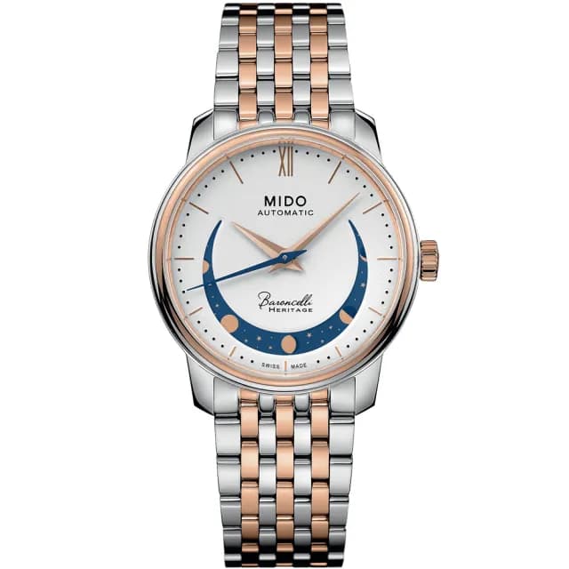 【MIDO 美度】官方授權 Baroncelli 永恆系列 微笑月相機械女錶-33mm 手錶 禮物 推薦(M0272072201001)