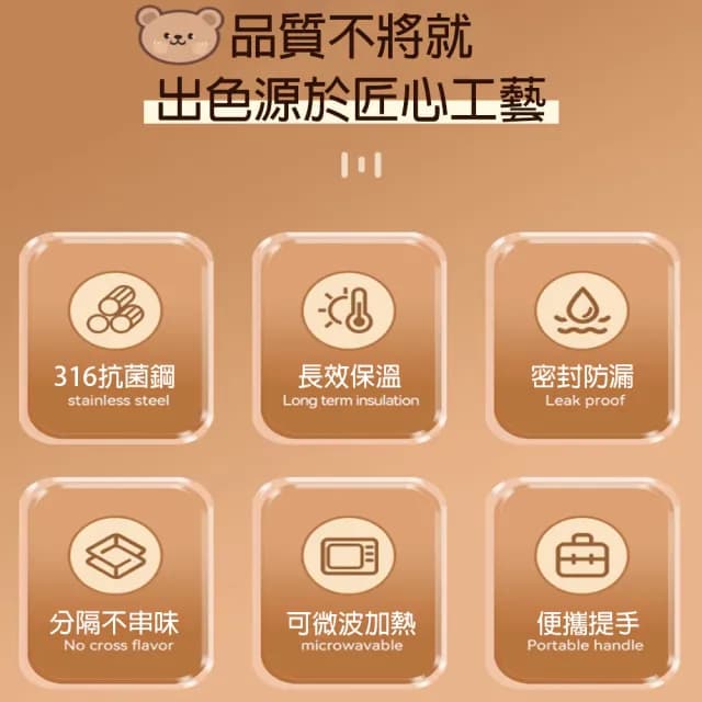 【樂邁家居】316不鏽鋼 可愛小熊便當盒組合(附餐具/可微波使用/食品級材質)