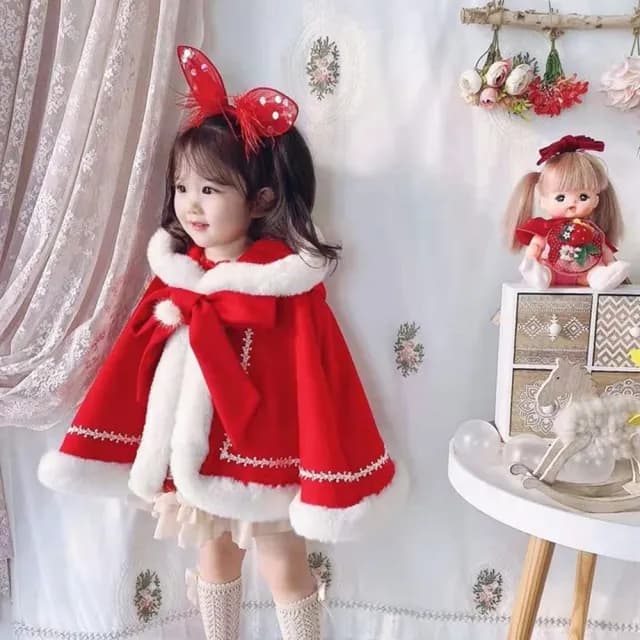 【橘魔法】蕾絲花邊小紅帽棉絨連帽斗篷(披風 披肩 刷毛 加厚 聖誕節 耶誕 大紅 新年 過年 女童 童裝 兒童)