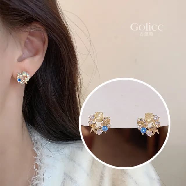 【Golicc】耳環 韓國 精緻 鋯石 貓眼石 花朵(七夕 情人節 生日 飾品 耳釘 耳飾 耳墜 禮物)
