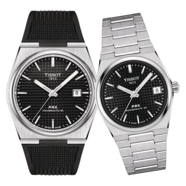 【TISSOT 天梭 官方授權】PRX系列 復古風酒桶型機械對錶-40+35mm 禮物(T1374071705100/T1372071105100)