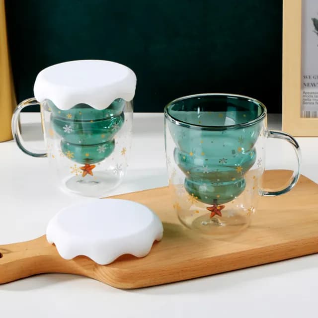 【太力】聖誕樹耐熱雙層玻璃杯300ml附杯蓋-1入(咖啡杯/水杯/玻璃杯/耐冷熱/聖誕節交換禮物)