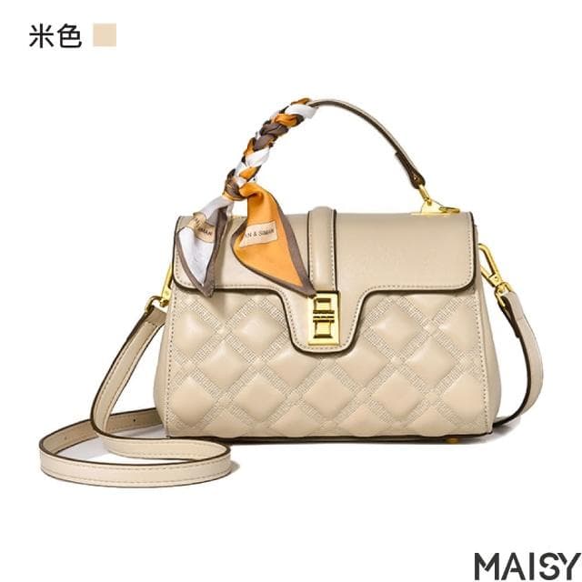 【MAISY】母親節禮物 古典女士柔美絲巾單肩手提包(現+預  黑色／米色／卡其色)