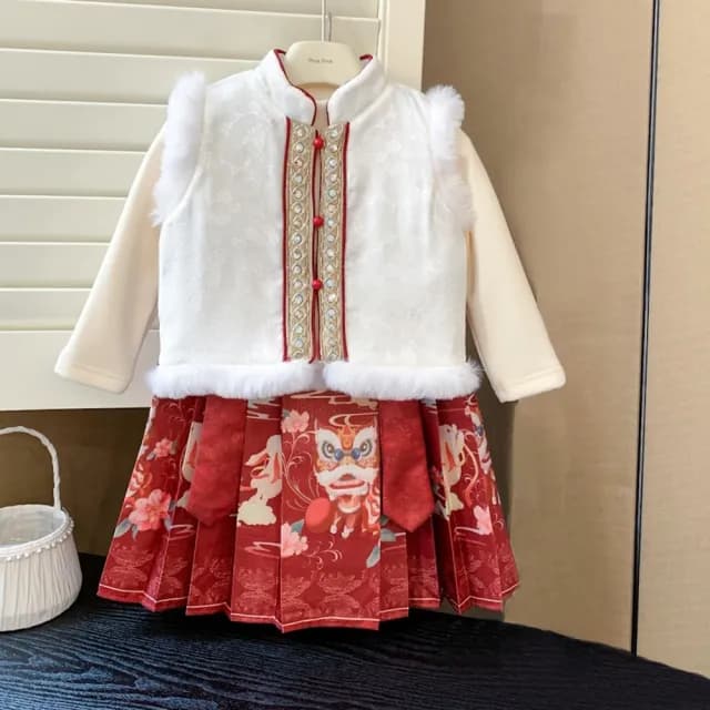 【橘魔法】毛毛背心舞龍舞獅馬面裙漢服套裝(3件式 裙子 過年 新年 拜年 唐裝 古裝 攝影 女童 兒童 童裝)