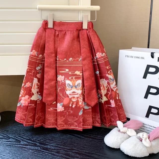 【橘魔法】毛毛背心舞龍舞獅馬面裙漢服套裝(3件式 裙子 過年 新年 拜年 唐裝 古裝 攝影 女童 兒童 童裝)