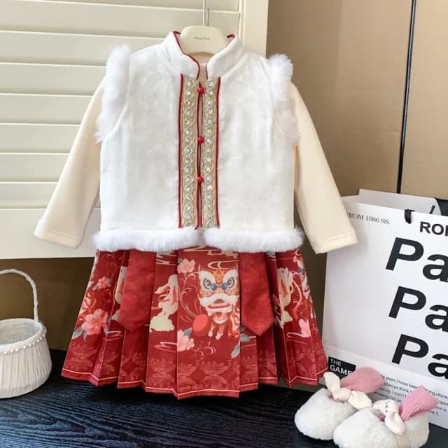 【橘魔法】毛毛背心舞龍舞獅馬面裙漢服套裝(3件式 裙子 過年 新年 拜年 唐裝 古裝 攝影 女童 兒童 童裝)