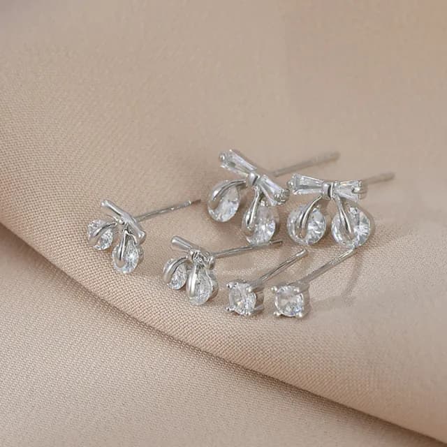 【Umi】一卡3對925純銀針微鑲鋯石晶透櫻桃圓形單鑽造型耳環(日韓時尚潮流耳飾耳針耳墜耳釘)