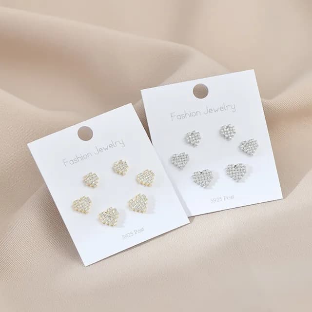 【Umi】一卡3對925純銀針微鑲鋯石愛心心形造型耳環(日韓時尚潮流耳飾耳針耳墜耳釘)