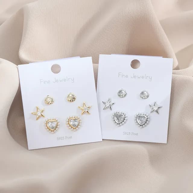 【Umi】一卡3對925純銀針微鑲鋯石巴洛克珍珠貝殼海星單鑽愛心心形造型耳環(日韓時尚潮流耳飾耳針耳墜耳釘)