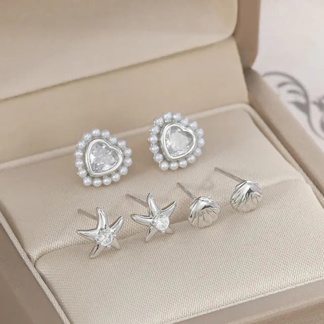 【Umi】一卡3對925純銀針微鑲鋯石巴洛克珍珠貝殼海星單鑽愛心心形造型耳環(日韓時尚潮流耳飾耳針耳墜耳釘)