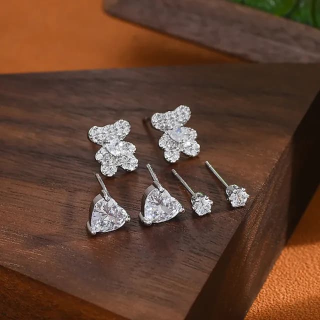 【Umi】一卡3對925純銀針微鑲鋯石可愛小熊愛心心形圓形單鑽造型耳環(日韓時尚潮流耳飾耳針耳墜耳釘)