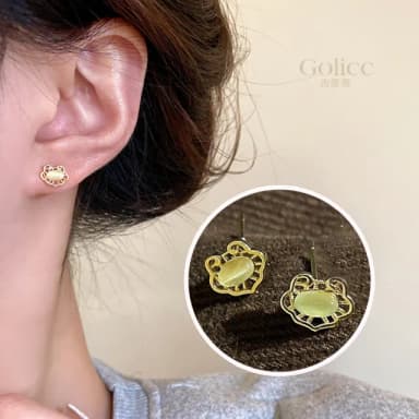 【Golicc】耳環 小巧 如意鎖 貓眼石(母親節 生日 情人節 飾品 耳釘 耳飾 耳墜 禮物)